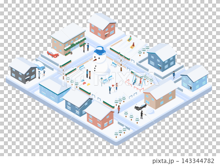 雪の積もった冬の住宅街と暮らしを描いたアイソメトリックイラスト 143344782