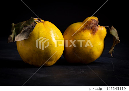 Two ripe quince fruits with leaves on dark background 143345119