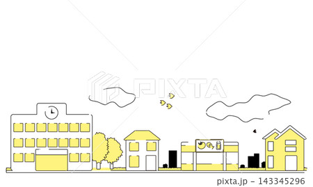 黄色の線画で描いた店舗と住宅のある街並みイラスト 143345296