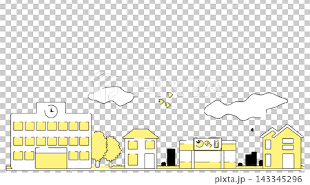 A streetscape illustration featuring shops and houses, drawn with yellow line art. 143345296