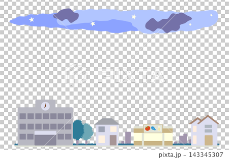 Copy space illustration of a nighttime street scene with a starry sky and shops. Copy space illustration of a nighttime street scene with a starry sky and shops. 143345307