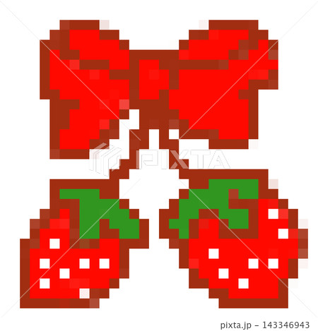 Cute pixel art pair of strawberries with red ribbon bow, 8-bit sweet fruit element Cute pixel art pair of strawberries with red ribbon bow, 8-bit sweet fruit element 143346943