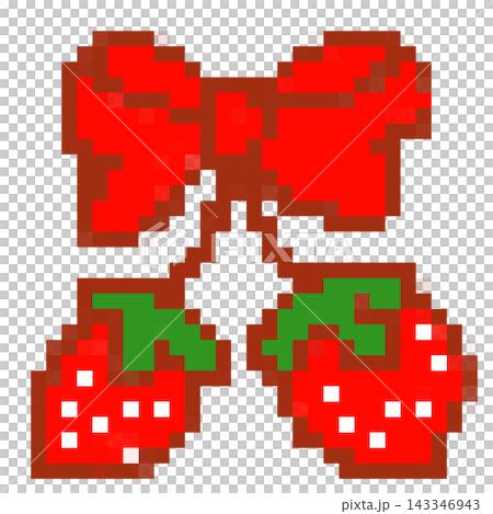 Cute pixel art pair of strawberries with red ribbon bow, 8-bit sweet fruit element Cute pixel art pair of strawberries with red ribbon bow, 8-bit sweet fruit element 143346943