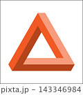 Bright orange Penrose triangle stands out against a white background. The geometric shape creates a visual paradox, challenging perception and illustrating the concept of impossible objects. 143346984