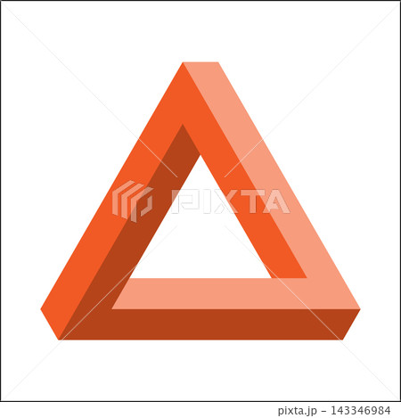 Bright orange Penrose triangle stands out against a white background. The geometric shape creates a visual paradox, challenging perception and illustrating the concept of impossible objects. 143346984