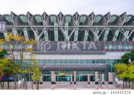 Exterior View of Modern Gyeongju Station Building with Traditional Korean Architecture Motifs, South Korea Exterior View of Modern Gyeongju Station Building with Traditional Korean Architecture Motifs, South Korea 143347279