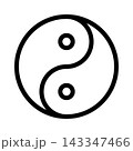 The yin and yang symbol displays two swirling forces, one dark and one light, encompassing balance and harmony in a dynamic interplay. Thin black line vector icon on white background 143347466
