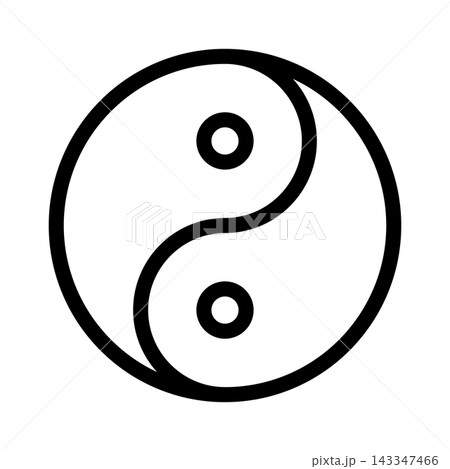 The yin and yang symbol displays two swirling forces, one dark and one light, encompassing balance and harmony in a dynamic interplay. Thin black line vector icon on white background 143347466