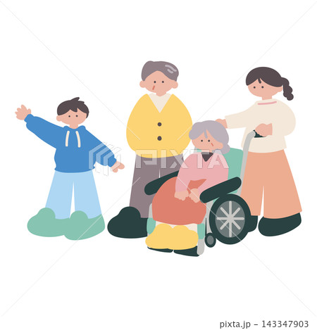 車いすの女性とその家族人物手描きベクターイラスト 143347903
