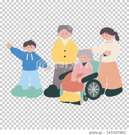 車いすの女性とその家族人物手描きベクターイラスト 143347903