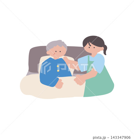 介護職員ベッドで介助する女性人物手描きベクターイラスト 介護職員ベッドで介助する女性人物手描きベクターイラスト 143347906