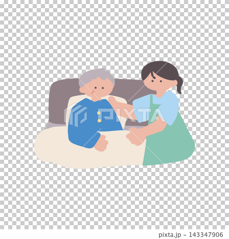 介護職員ベッドで介助する女性人物手描きベクターイラスト 介護職員ベッドで介助する女性人物手描きベクターイラスト 143347906