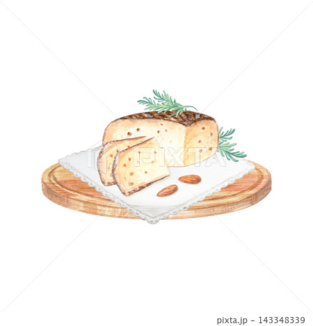 Artisan cheese block with slices, almonds and dill on wooden board. Hand drawn watercolor illustration isolated on. Realistic detailed gourmet food clipart for menu design Artisan cheese block with slices, almonds and dill on wooden board. Hand drawn watercolor illustration isolated on. Realistic detailed gourmet food clipart for menu design 143348339
