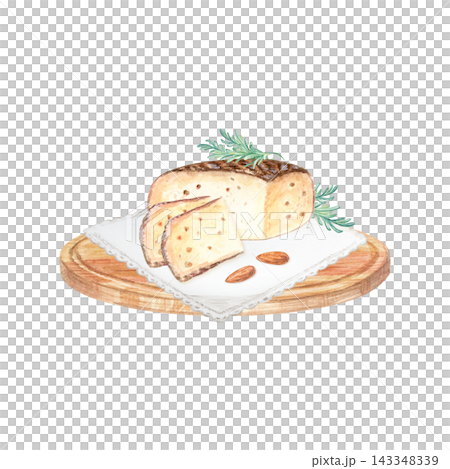 Artisan cheese block with slices, almonds and dill on wooden board. Hand drawn watercolor illustration isolated on. Realistic detailed gourmet food clipart for menu design 143348339