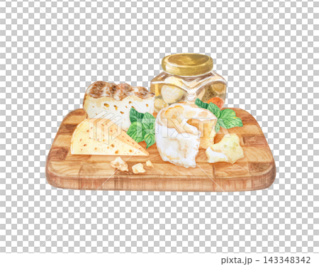 Artisan cheese platter set with honey jar, camembert, basil on wooden board. Hand drawn watercolor illustration isolated on. Realistic detailed gourmet food clipart for menu design 143348342