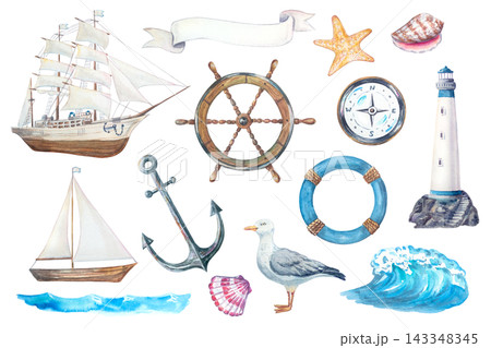 Large nautical marine watercolor collection with classic frigate ship minimalist sailboat detailed lighthouse helm compass vintage anchor lifebuoy authentic seagull ocean waves and blank ribbon banner Large nautical marine watercolor collection with classic frigate ship minimalist sailboat detailed lighthouse helm compass vintage anchor lifebuoy authentic seagull ocean waves and blank ribbon banner 143348345