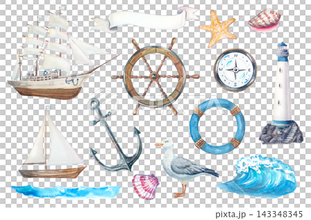 Large nautical marine watercolor collection with classic frigate ship minimalist sailboat detailed lighthouse helm compass vintage anchor lifebuoy authentic seagull ocean waves and blank ribbon banner Large nautical marine watercolor collection with classic frigate ship minimalist sailboat detailed lighthouse helm compass vintage anchor lifebuoy authentic seagull ocean waves and blank ribbon banner 143348345