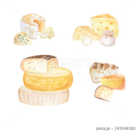 Artisan cheese set with camembert, roquefort, burrata, swiss and gouda wheels. Hand drawn watercolor illustration isolated on. Realistic detailed gourmet food clipart for menu design Artisan cheese set with camembert, roquefort, burrata, swiss and gouda wheels. Hand drawn watercolor illustration isolated on. Realistic detailed gourmet food clipart for menu design 143348383