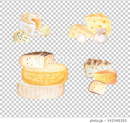Artisan cheese set with camembert, roquefort, burrata, swiss and gouda wheels. Hand drawn watercolor illustration isolated on. Realistic detailed gourmet food clipart for menu design 143348383