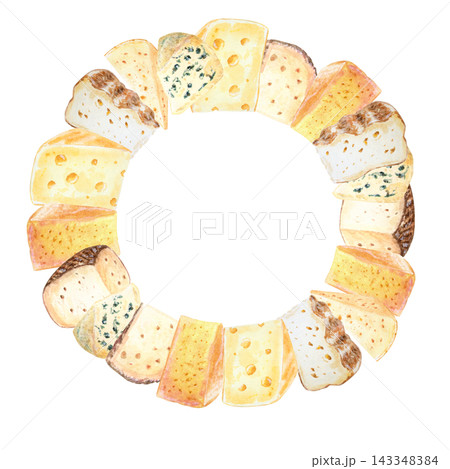 Artisan cheese round frame wreath set with swiss, gouda, roquefort and cheddar. Hand drawn watercolor illustration isolated on. Realistic detailed gourmet food clipart for menu design 143348384