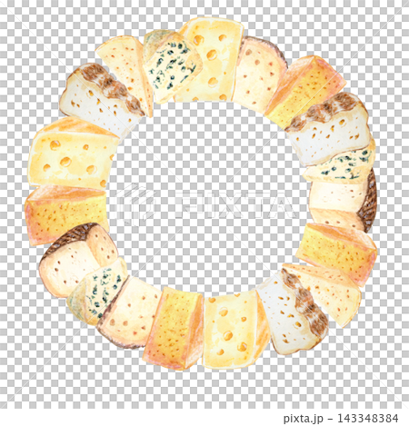 Artisan cheese round frame wreath set with swiss, gouda, roquefort and cheddar. Hand drawn watercolor illustration isolated on. Realistic detailed gourmet food clipart for menu design 143348384