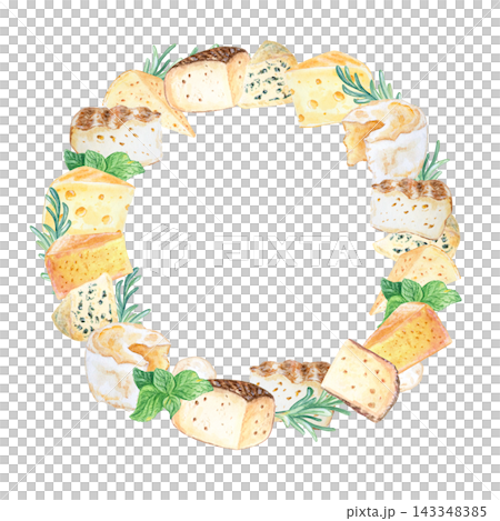 Artisan cheese round frame wreath set with mint and rosemary herbs. Hand drawn watercolor illustration isolated on. Realistic detailed gourmet food clipart for menu design Artisan cheese round frame wreath set with mint and rosemary herbs. Hand drawn watercolor illustration isolated on. Realistic detailed gourmet food clipart for menu design 143348385