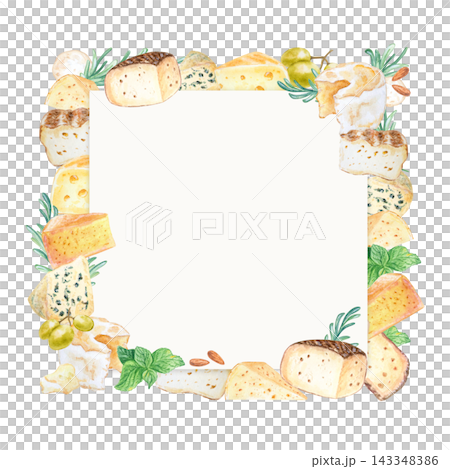 Artisan cheese square frame border set with grapes, nuts and herbs. Hand drawn watercolor illustration isolated on. Realistic detailed gourmet food clipart for menu design 143348386