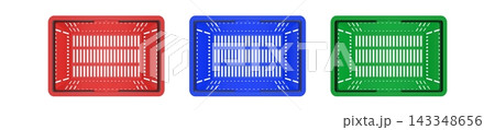 Empty plastic shopping basket. Red, blue and green store empty basket. Supermarket shopping cart. Top view. 143348656