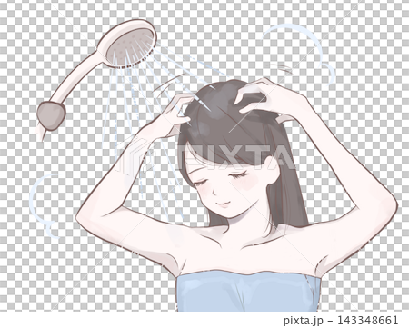 Women who thoroughly rinse their hair with hot water before shampooing. Women who thoroughly rinse their hair with hot water before shampooing. 143348661