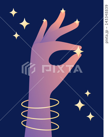 Hand Holding Glowing Star in Starry Sky. Mystical Esoteric Spiritual Illustration 143348839