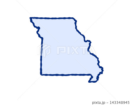 Doodle-style illustration of the Missouri state map, featuring the recognizable shape of Missouri in a simple, hand-drawn design. 143348945