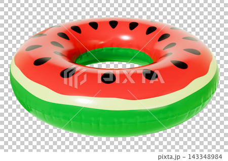 Inflatable Watermelon Pool Ring, Float Isolated on White Background, Summer Beach Fun Accessory. 3d rendering Inflatable Watermelon Pool Ring, Float Isolated on White Background, Summer Beach Fun Accessory. 3d rendering 143348984