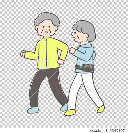 仲良くウォーキングをするおじいちゃんとおばあちゃん 仲良くウォーキングをするおじいちゃんとおばあちゃん 143349107
