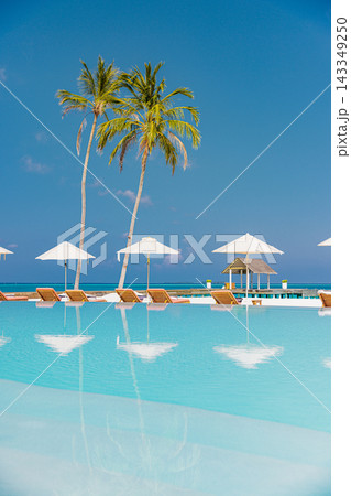 Inviting infinity pool umbrellas leaning palms vivid turquoise lagoon blue sky bright Maldives resort. Luxury five star spa retreat. Exclusive indulgent poolside stay Inviting infinity pool umbrellas leaning palms vivid turquoise lagoon blue sky bright Maldives resort. Luxury five star spa retreat. Exclusive indulgent poolside stay 143349250