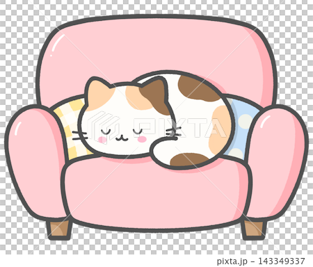 Cute Sleeping Calico Cat on Armchair with Cushions Cute Sleeping Calico Cat on Armchair with Cushions 143349337