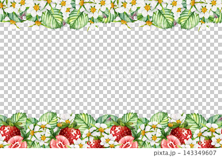 Watercolor strawberry frame with berries leaves and blossoms Watercolor strawberry frame with berries leaves and blossoms 143349607