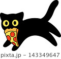 Cute black cat running away with pizza slice 143349647