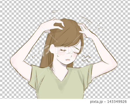 An illustration of a woman suffering from scalp itchiness, dandruff, and dryness. An illustration of a woman suffering from scalp itchiness, dandruff, and dryness. 143349926