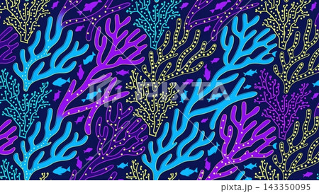 A vibrant 2D vector illustration of a dense coral reef pattern. Stylized 143350095