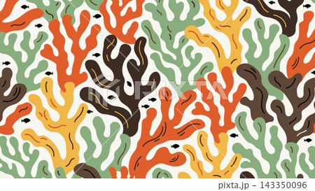A vibrant 2D vector illustration of a dense coral reef pattern. Stylized 143350096