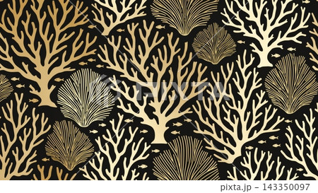 A vibrant 2D vector illustration of a dense coral reef pattern. Stylized 143350097