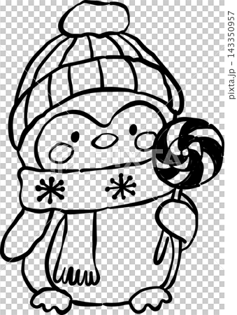 Cute Christmas Penguin Wearing Winter Hat and Scarf Holing Candy Cane 143350957