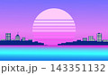 Vaporwave sunset city skyline over neon ocean with retro sun 143351132