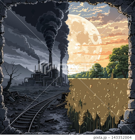 The image shows a split-screen digital illustration contrasting an industrial wasteland with a natural landscape The image shows a split-screen digital illustration contrasting an industrial wasteland with a natural landscape 143352004