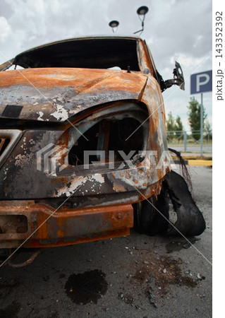 Burned Out Delivery Van and Charred Cabin After Fire Accident Burned Out Delivery Van and Charred Cabin After Fire Accident 143352392
