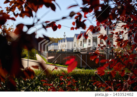 Red Leaves Framing Row of Modern Suburban Houses Red Leaves Framing Row of Modern Suburban Houses 143352402