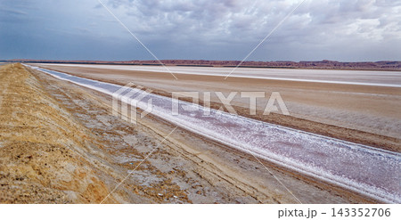 Layered Horizontal Landscape Photograph of Saline Water Channels in Arid Chott el Djerid Salt Flat Layered Horizontal Landscape Photograph of Saline Water Channels in Arid Chott el Djerid Salt Flat 143352706