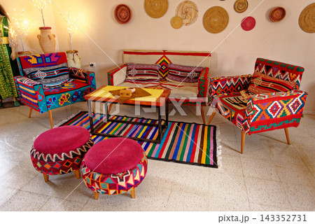 Vibrant Traditional North African Living Room Seating Area 143352731
