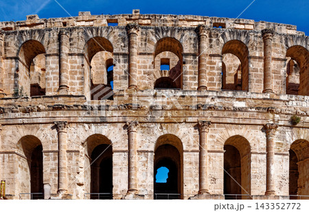 Symmetrical Architectural Detail of Ancient Roman Stone Arches and Columns at El Jem Amphitheatre Symmetrical Architectural Detail of Ancient Roman Stone Arches and Columns at El Jem Amphitheatre 143352772