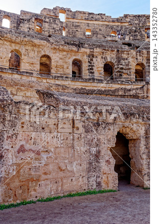 Pan Angle of Grand Curving MultiTiered Stone Spectator Wall inside El Jem Amphitheatre 143352780